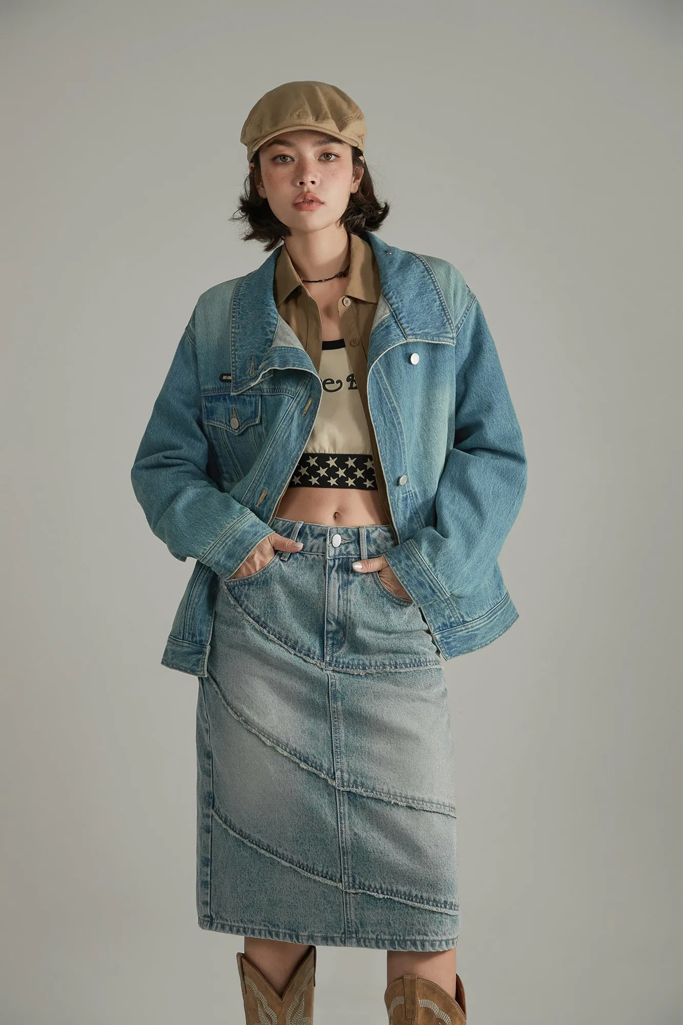 Asymmetrical High Neck Denim Jacket