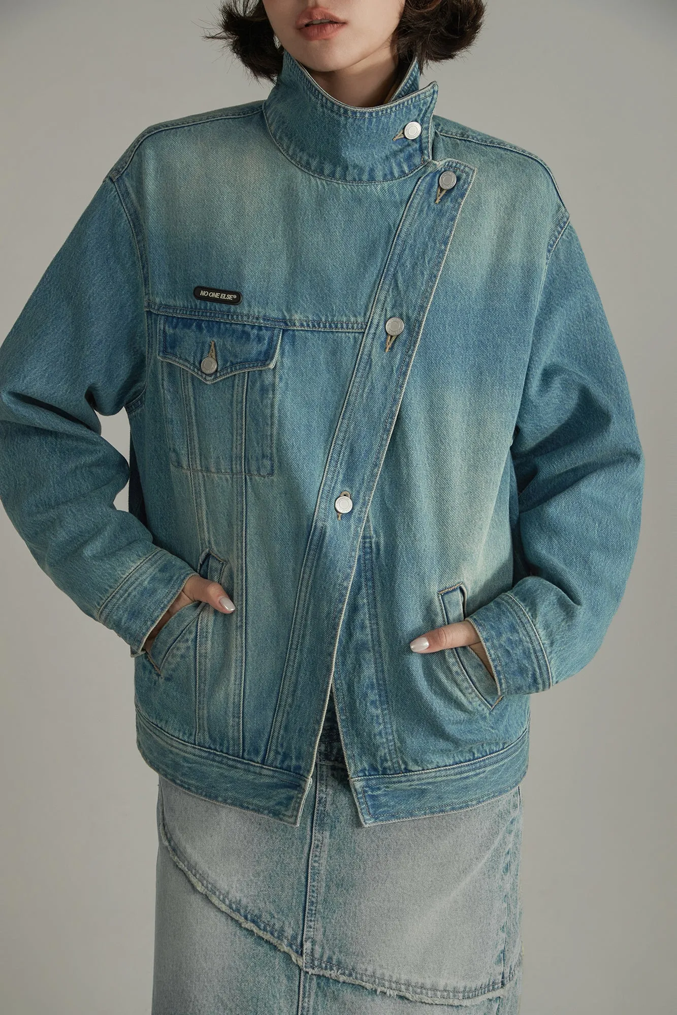 Asymmetrical High Neck Denim Jacket