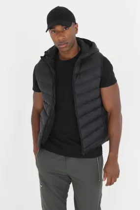 BLACK HOODED ZIP THROUGH CHEVRON QUILTED GILET