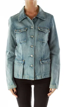 Blue Pocketed Buttoned Jacket