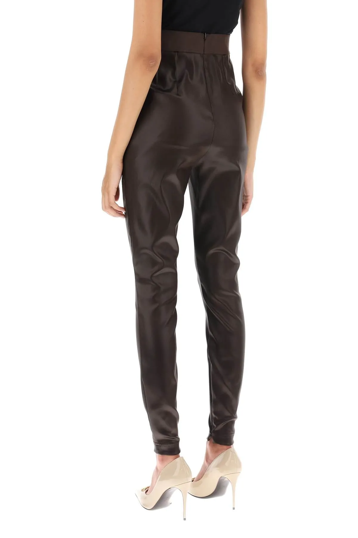 coated look stretch satin leggings