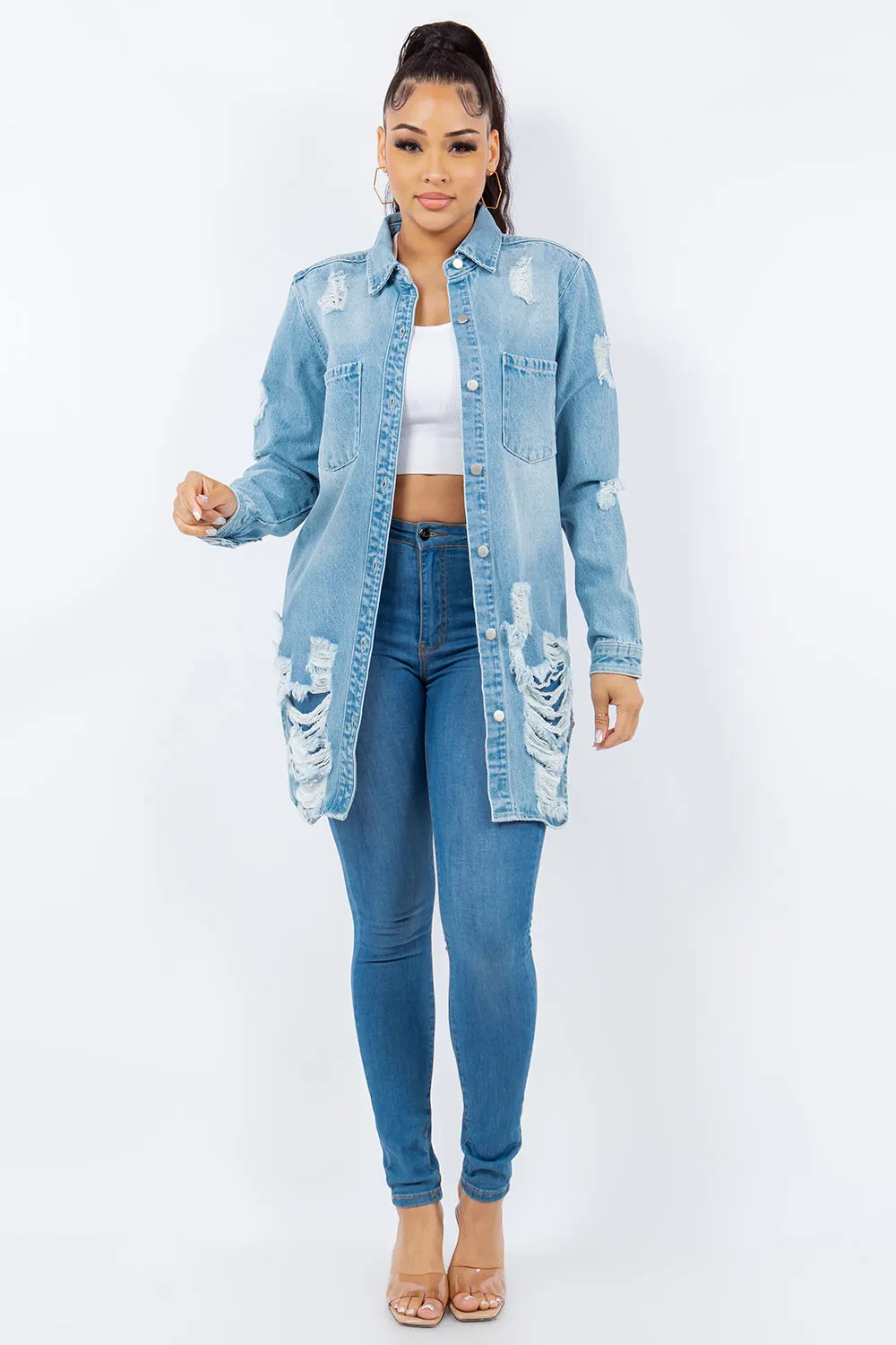 Distressed Button Up Long Sleeve Denim Jacket