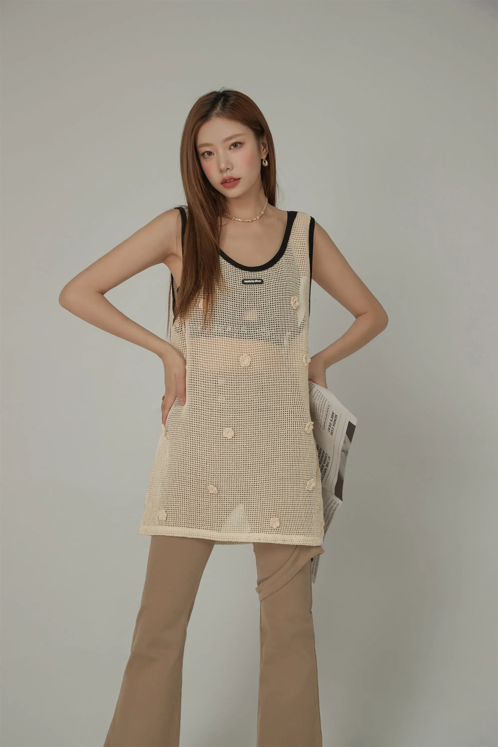 Flower Crochet Mesh Sleeveless Oversized Top