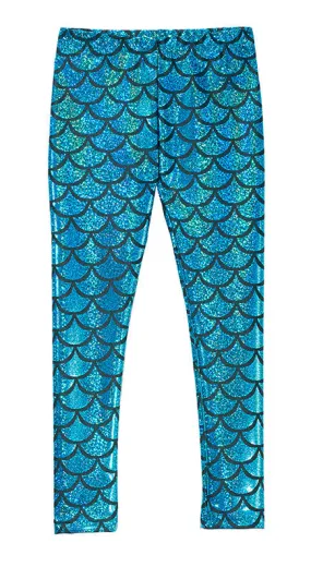 Girls Novelty Stretch Leggings  | Turquoise Mermaid Sparkle