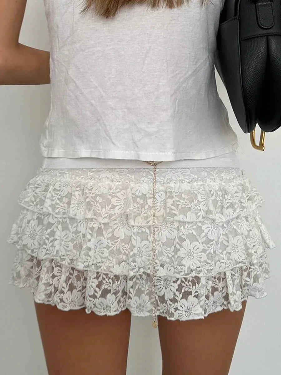 Lace Casual Summer Layered Ruffled Mini Beach Vacation Club Streetwear Floral Skirt