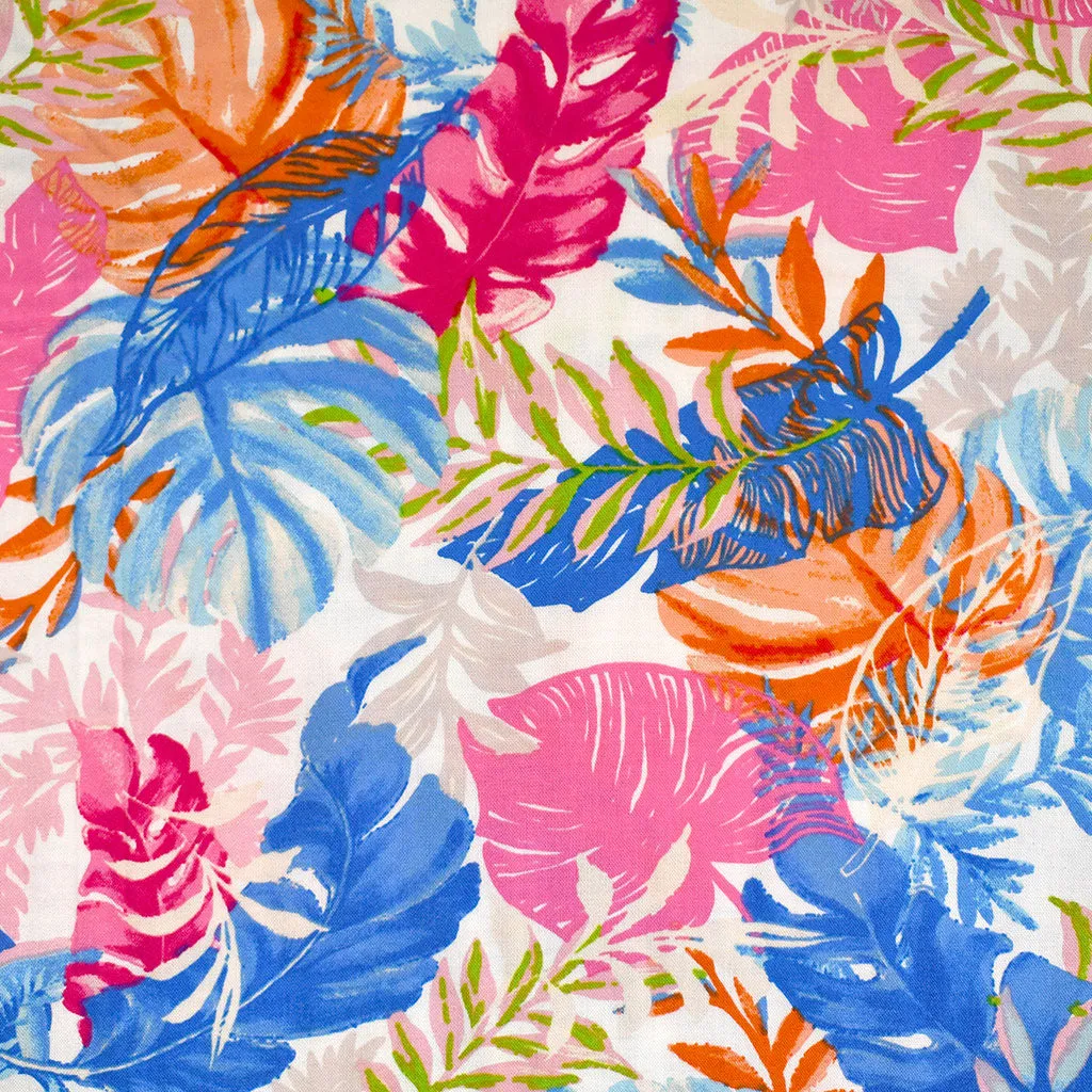 Layered Tropical Leaves Rayon Challis Blue/Pink