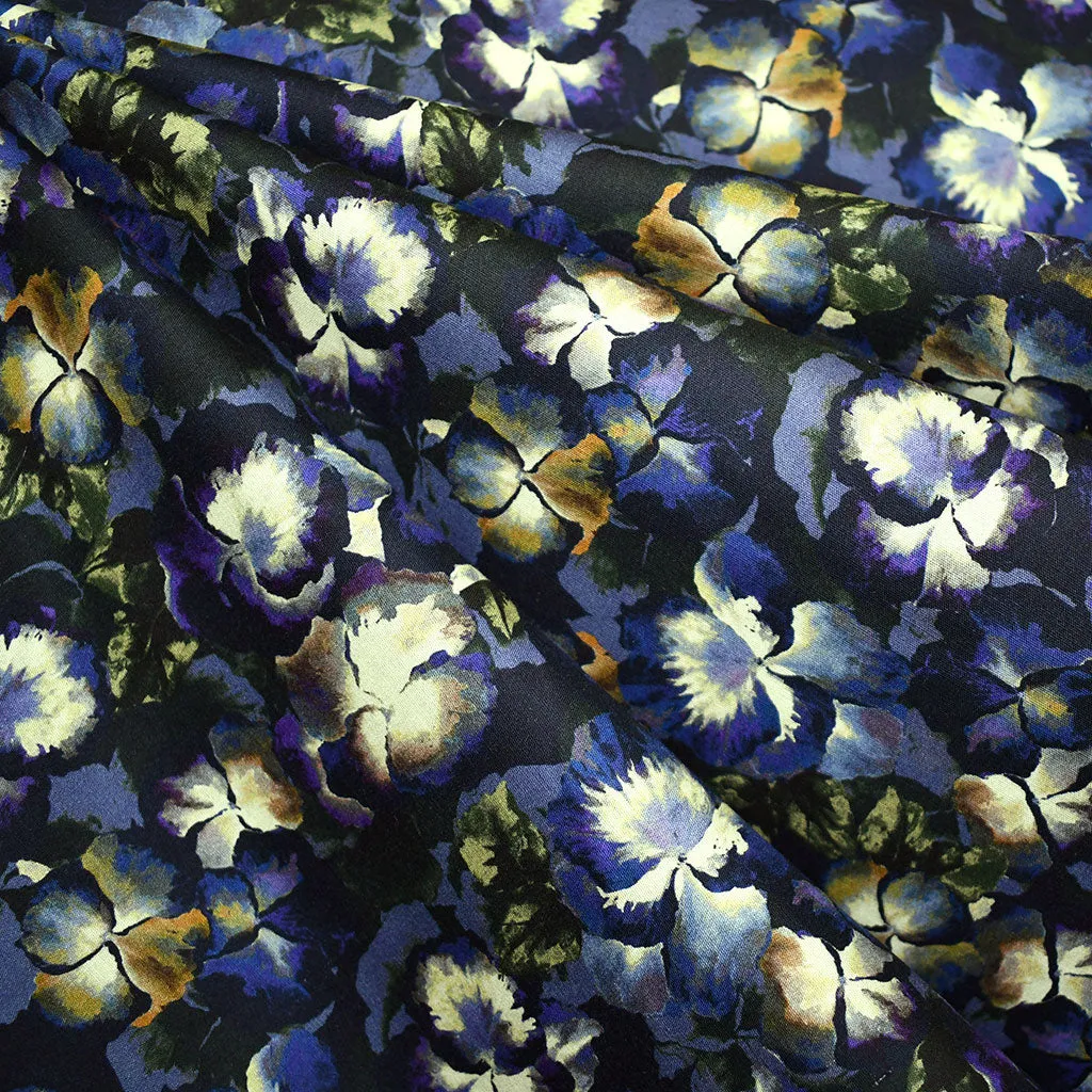 Layered Watercolor Pansy Floral Stretch Cotton Poplin Violet