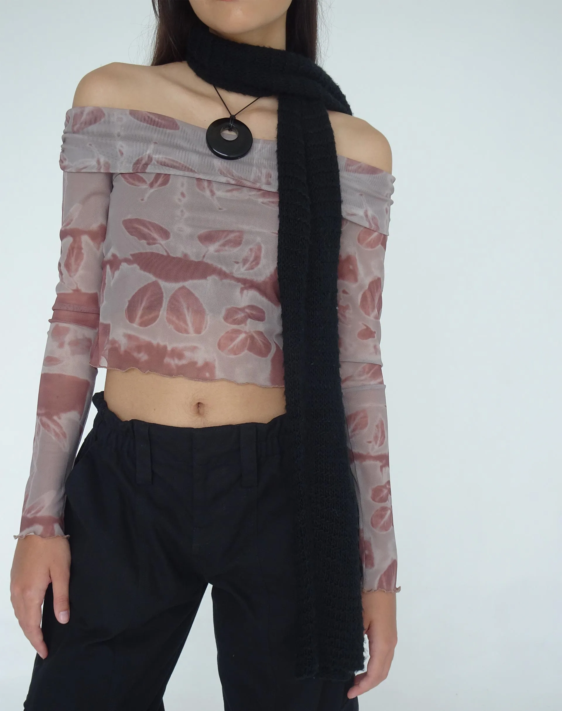 Nadhira Long Sleeve Mesh Bardot Top in Botanical Bleed Warm Grey