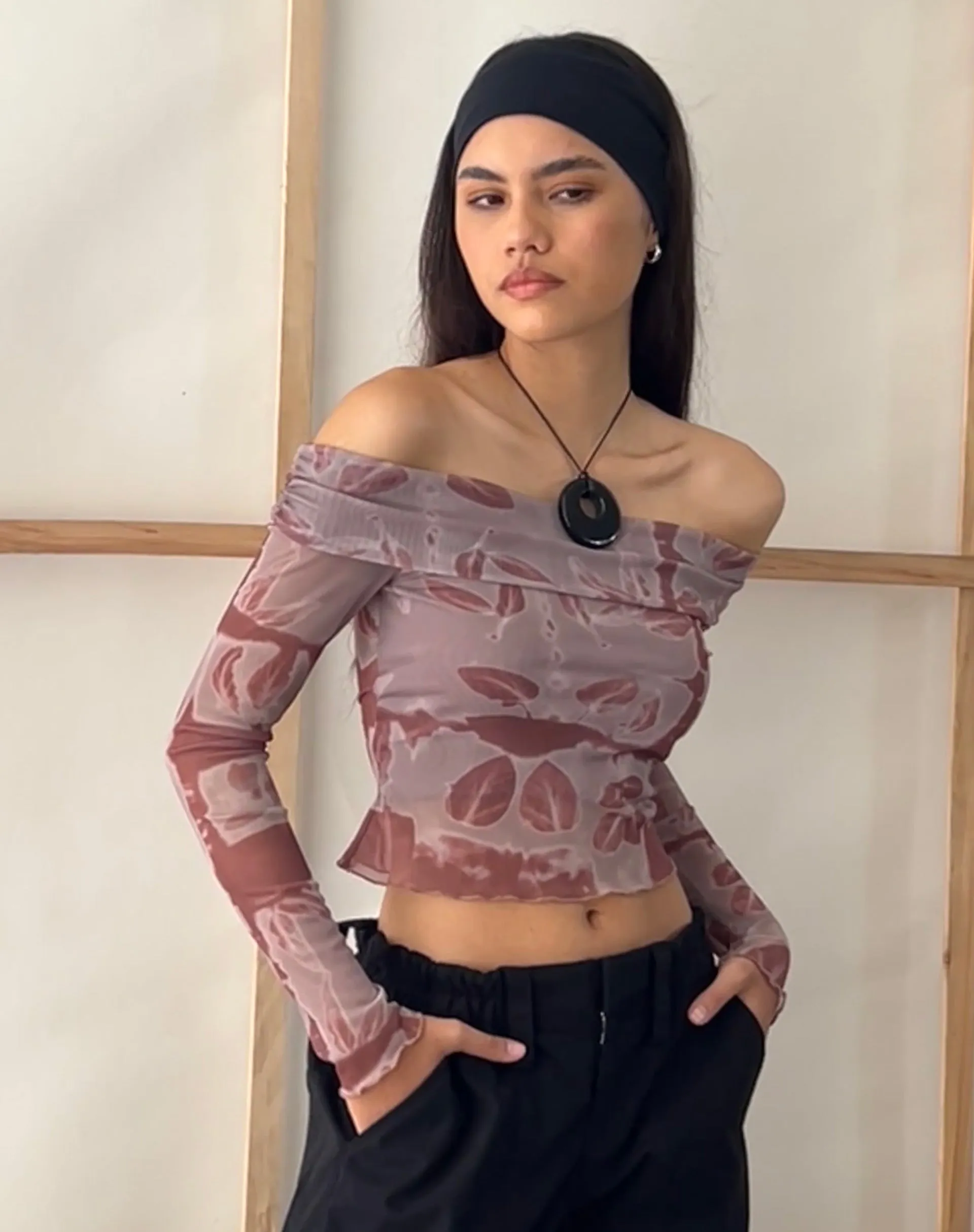 Nadhira Long Sleeve Mesh Bardot Top in Botanical Bleed Warm Grey