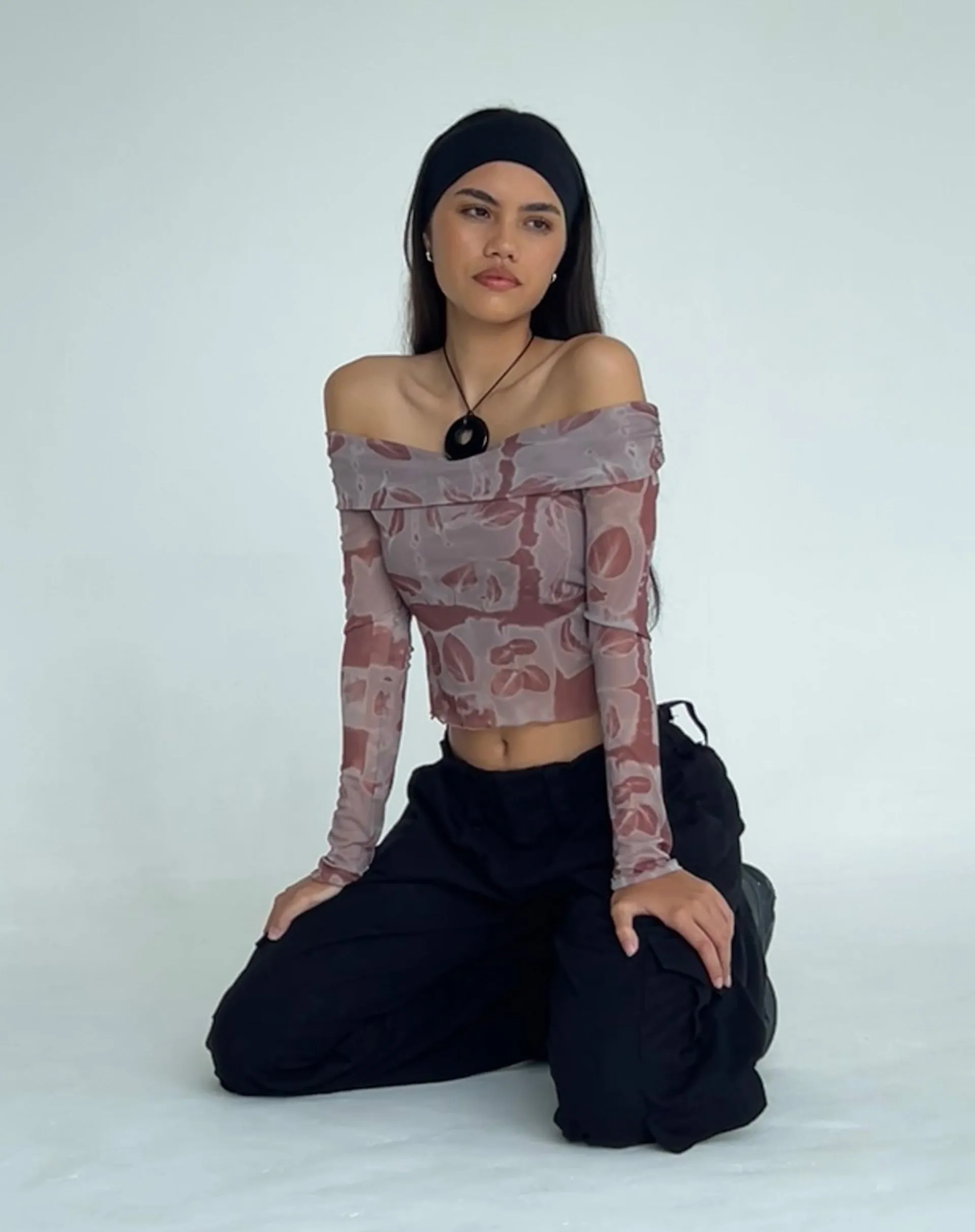 Nadhira Long Sleeve Mesh Bardot Top in Botanical Bleed Warm Grey