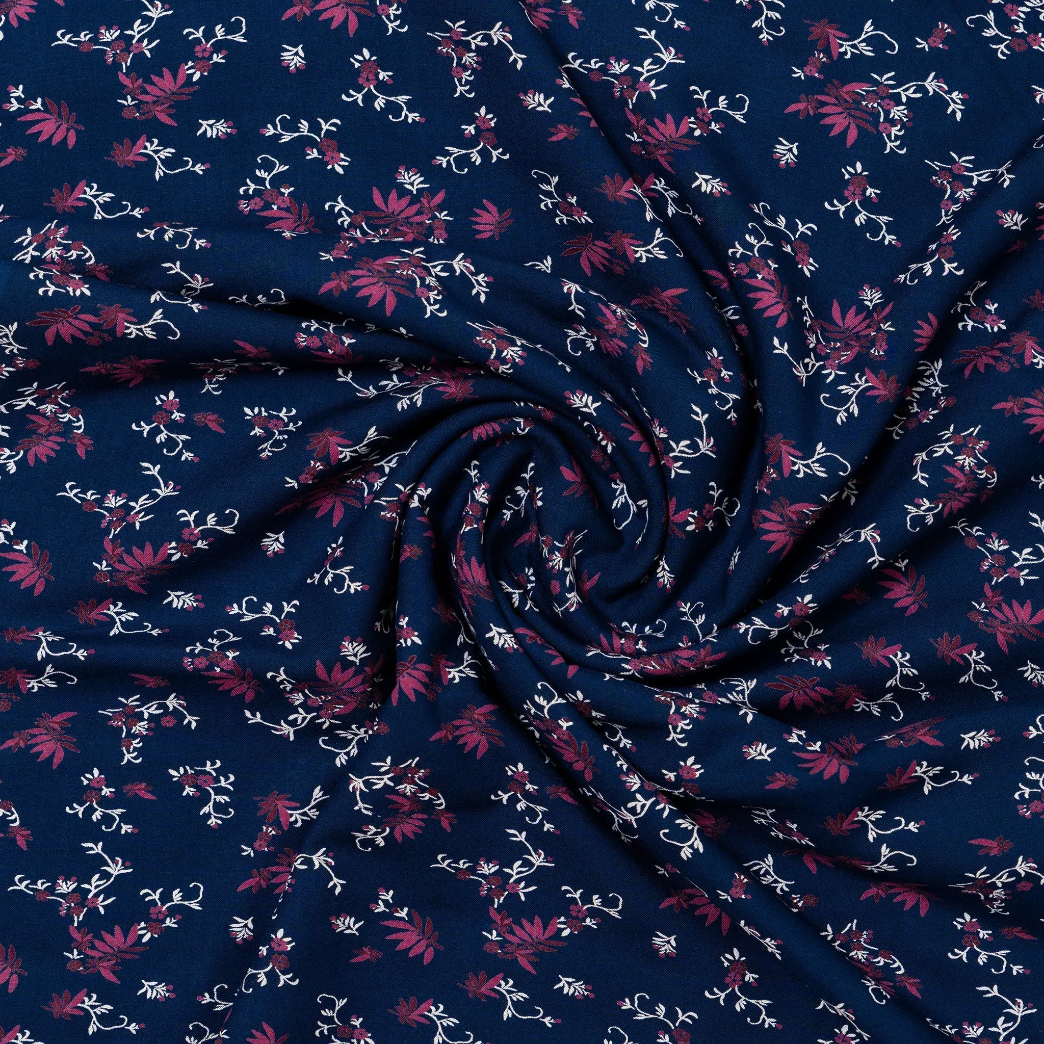 Navy Blue Rayon Fabric with White & Wine Print