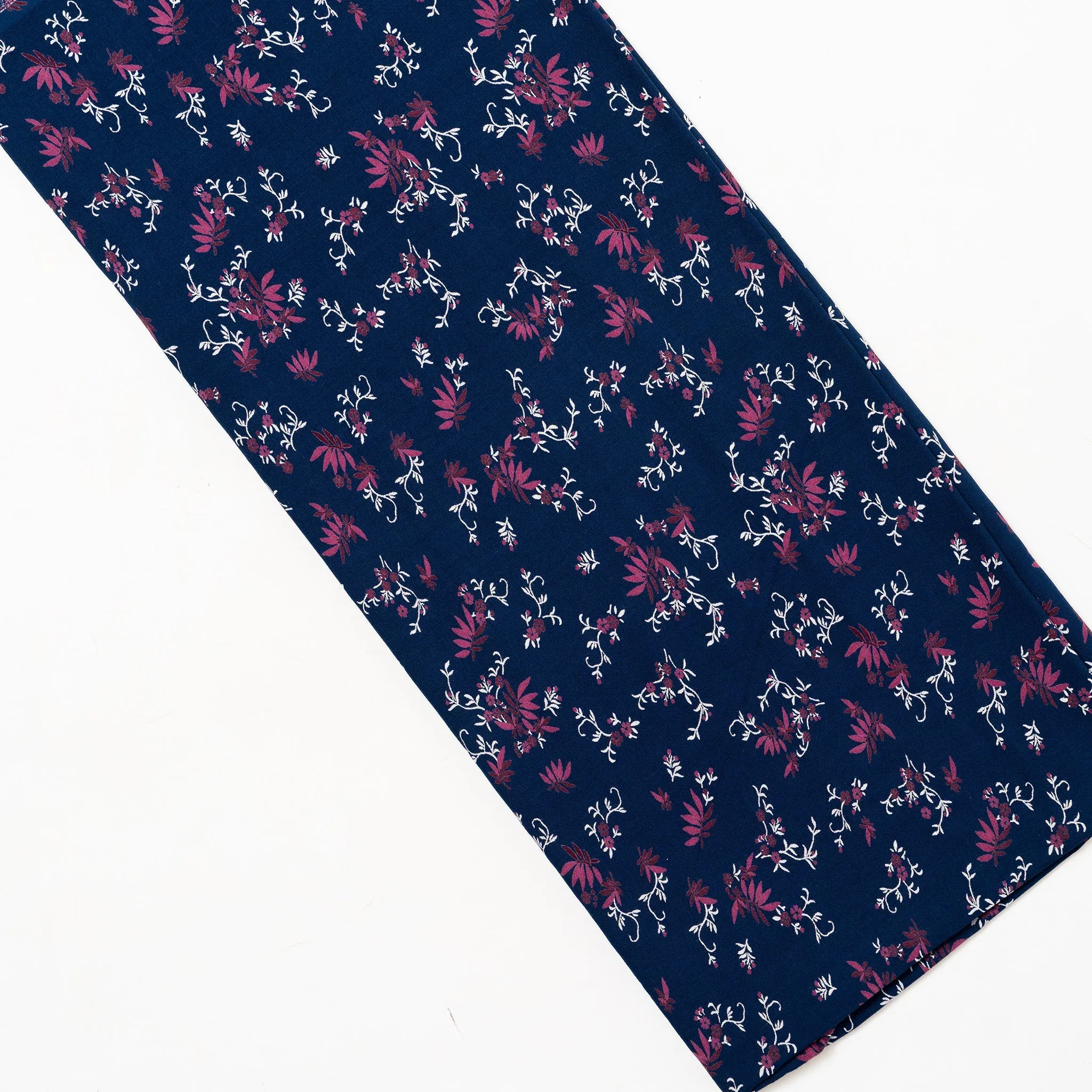 Navy Blue Rayon Fabric with White & Wine Print