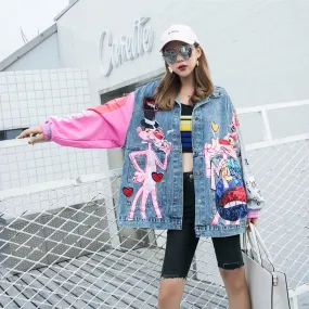 New fashion Sequins denim jacket women Cartoon printing Loose jeans jackets Lady streetwear coats free shipping