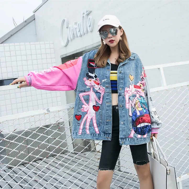 New fashion Sequins denim jacket women Cartoon printing Loose jeans jackets Lady streetwear coats free shipping