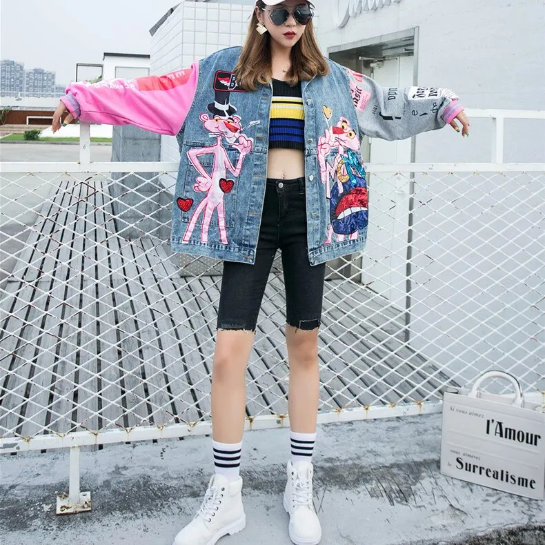 New fashion Sequins denim jacket women Cartoon printing Loose jeans jackets Lady streetwear coats free shipping