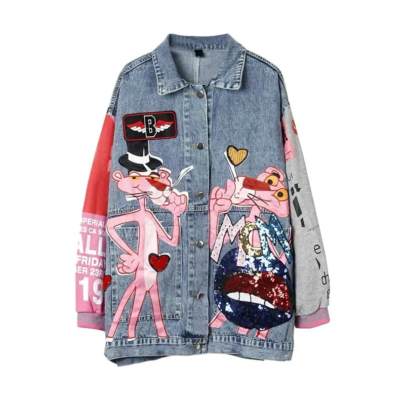 New fashion Sequins denim jacket women Cartoon printing Loose jeans jackets Lady streetwear coats free shipping