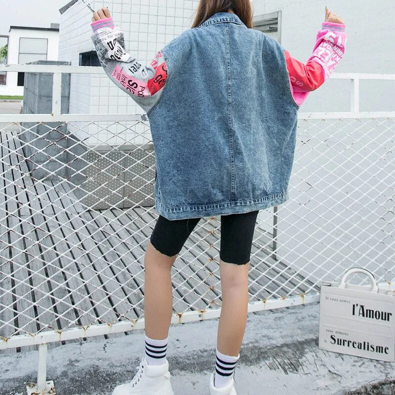 New fashion Sequins denim jacket women Cartoon printing Loose jeans jackets Lady streetwear coats free shipping