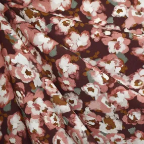 Painterly Layered Floral Stretch Rayon Poplin Burgundy/Rose