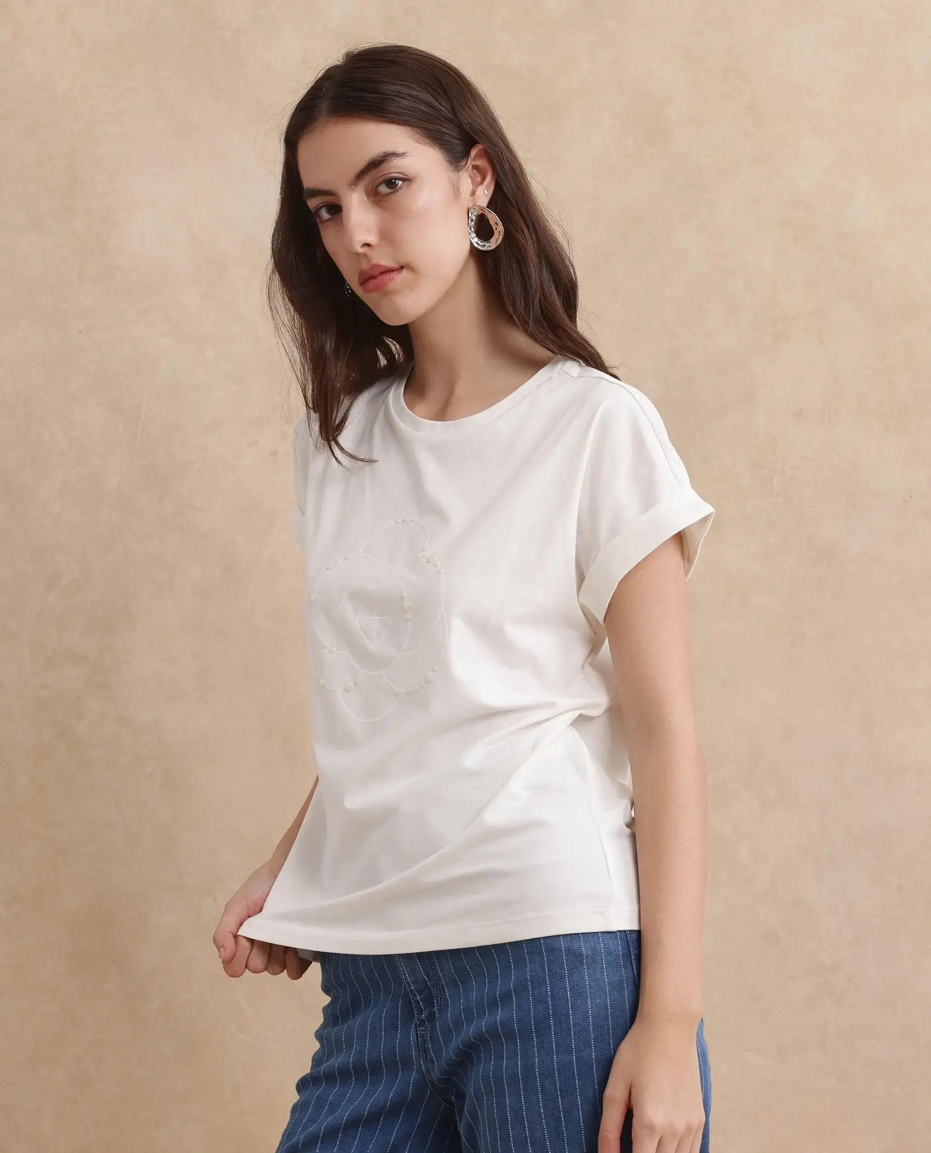 Rareism Women Rosi Off White Cotton Lycra Fabric Short Sleeve Crew Neck Plain T-Shirt