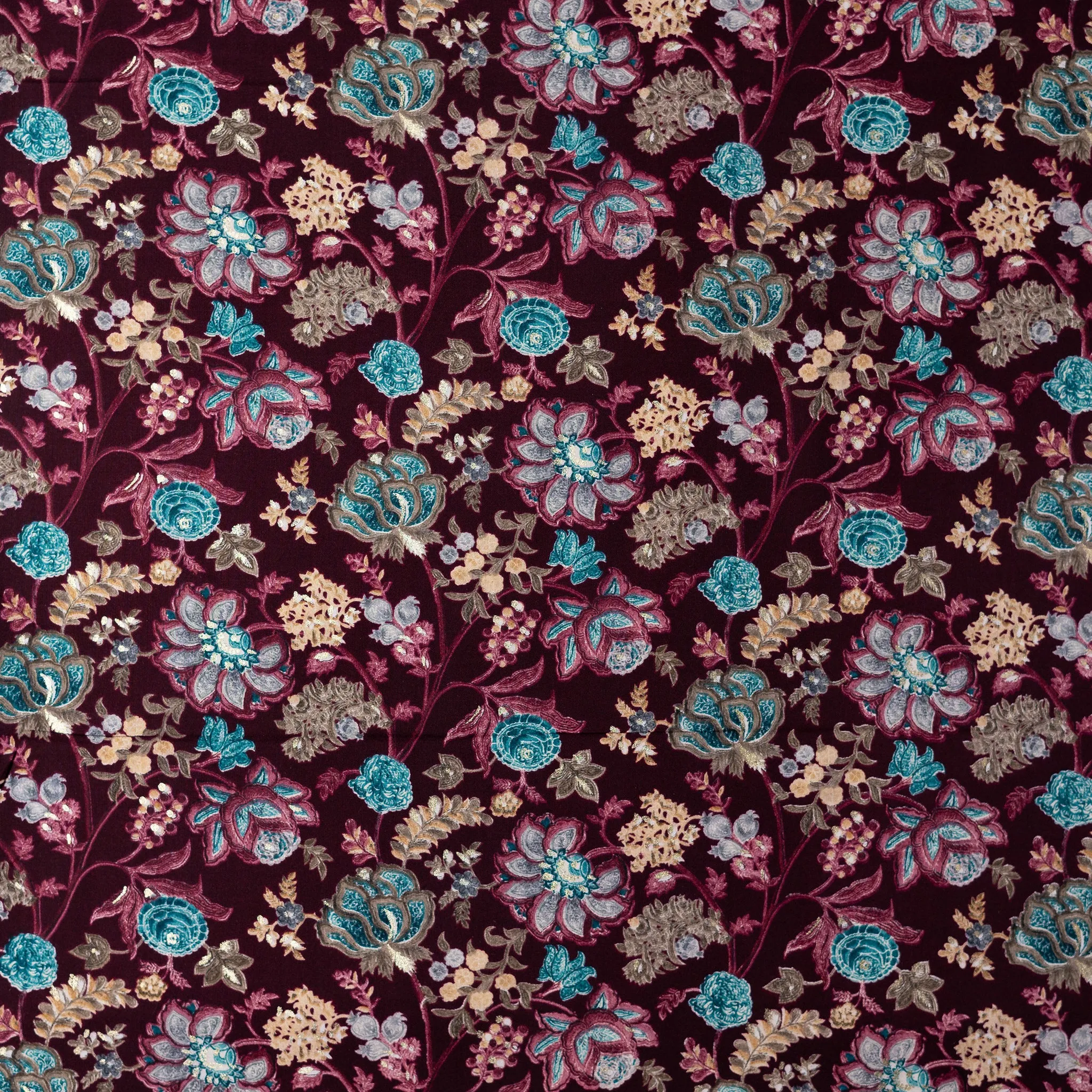 Rayon Gold Color Printed Fabric (Wine Red)