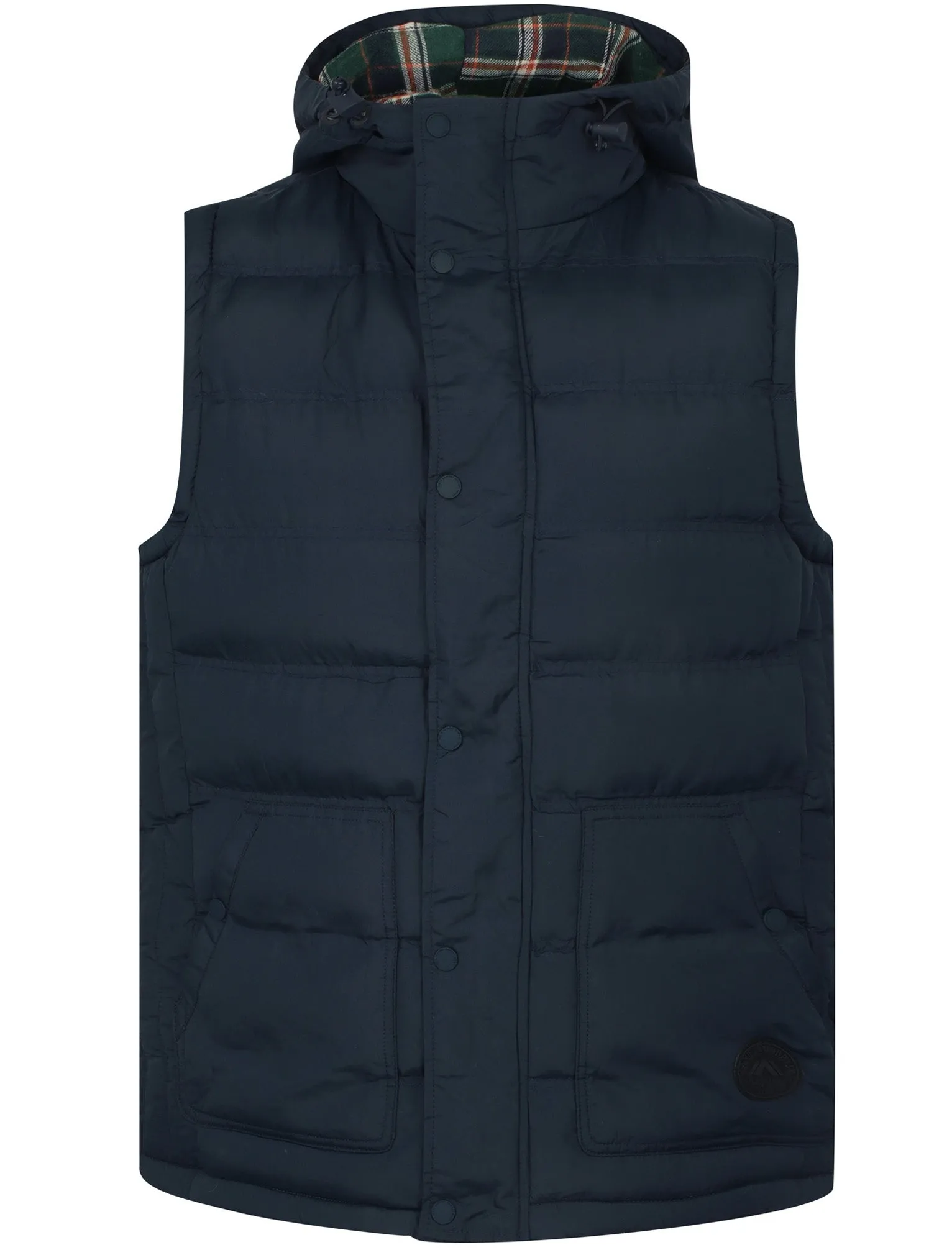 Redshift Quilted Puffer Gilet with Checked Lined Hood in True Navy - Tokyo Laundry