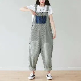 Summer Cotton Striped Casual Overalls with Pockets for Women