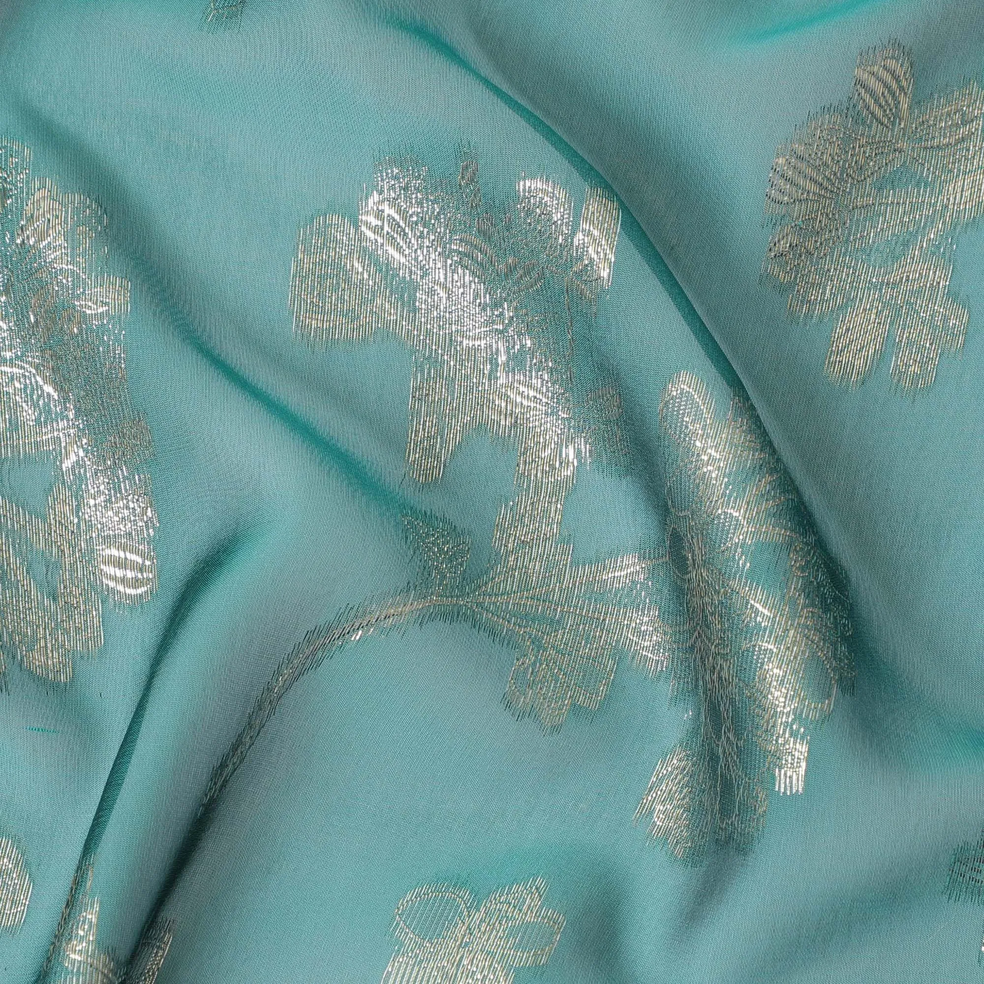 Teal blue Premium pure changent silk chiffon garbasaar with gold metallic lurex in floral design-D12409