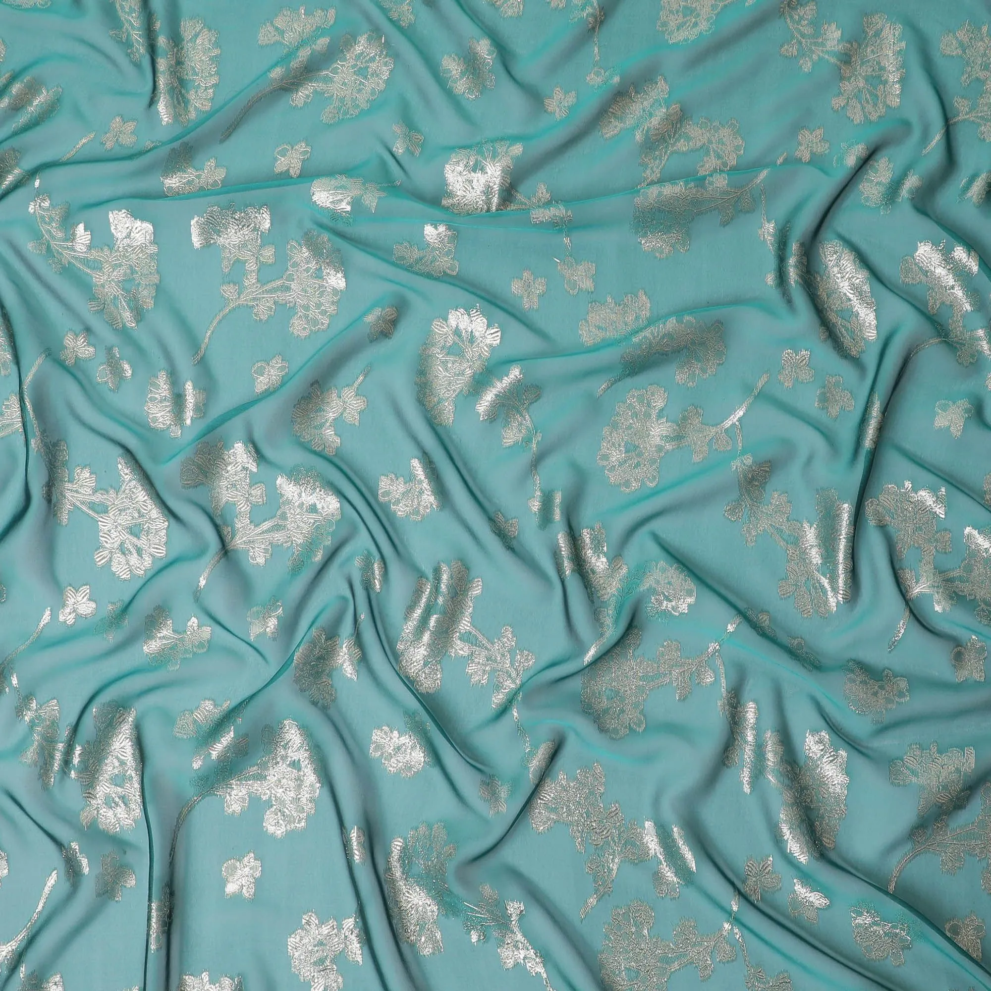 Teal blue Premium pure changent silk chiffon garbasaar with gold metallic lurex in floral design-D12409