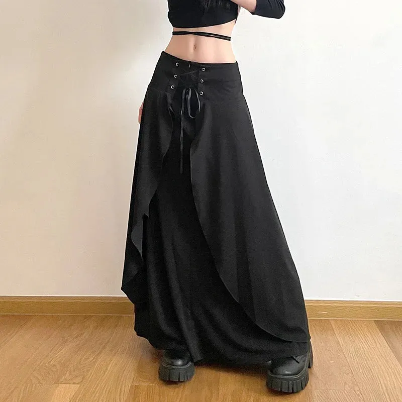 Women's Maxi Solid Layered A Vintage Cake High Elegant Y2K Ruffle Line Wedding Guest Waist Party Black Skirt